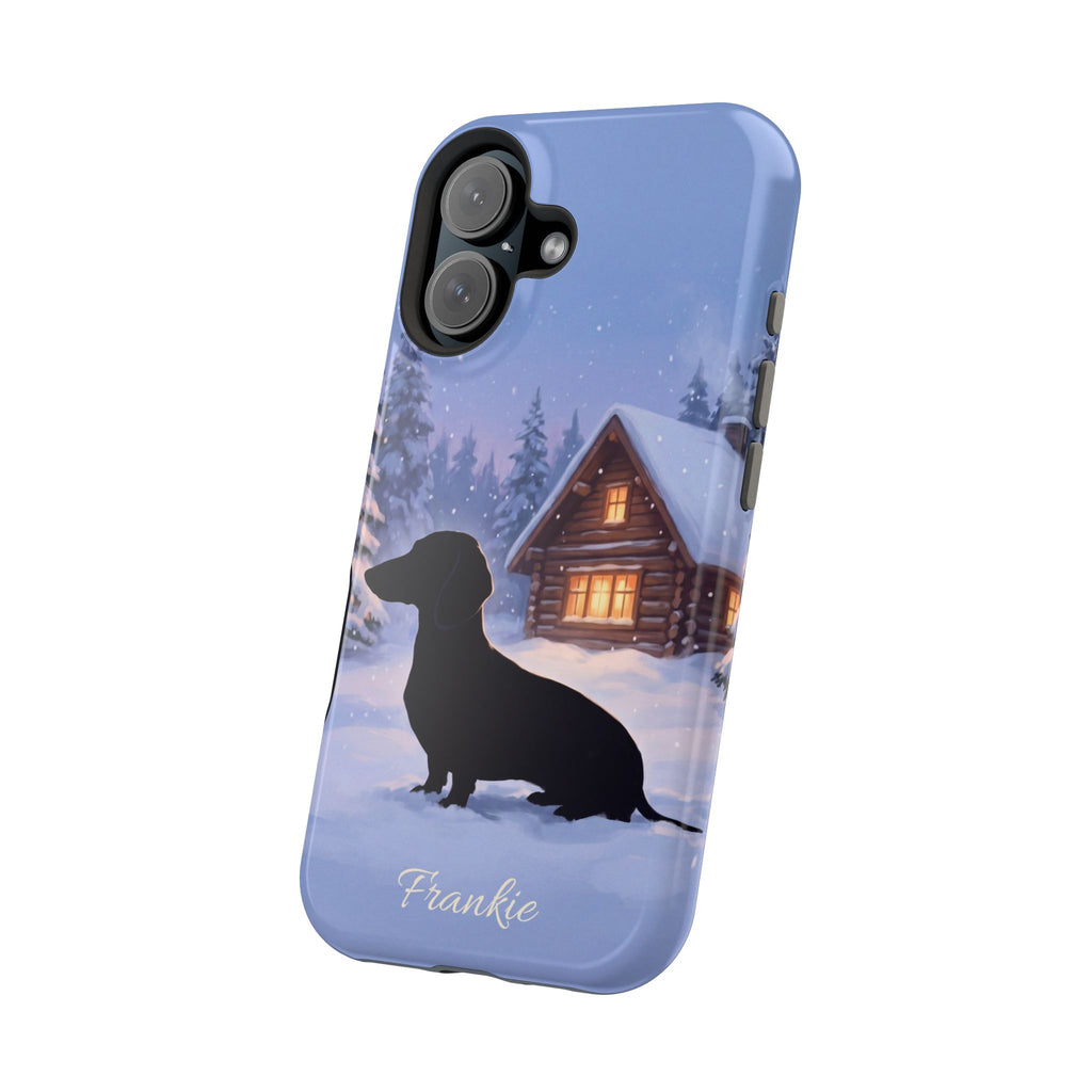 Personalized Dachshund Winter Cabin Phone Case — Wireless Charging Cover