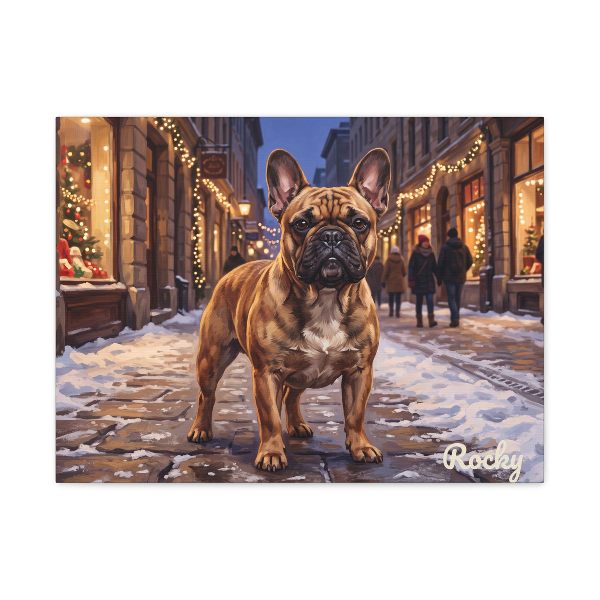French Bulldog Personalized Canvas | Christmas Street Snowy Village Wall Art