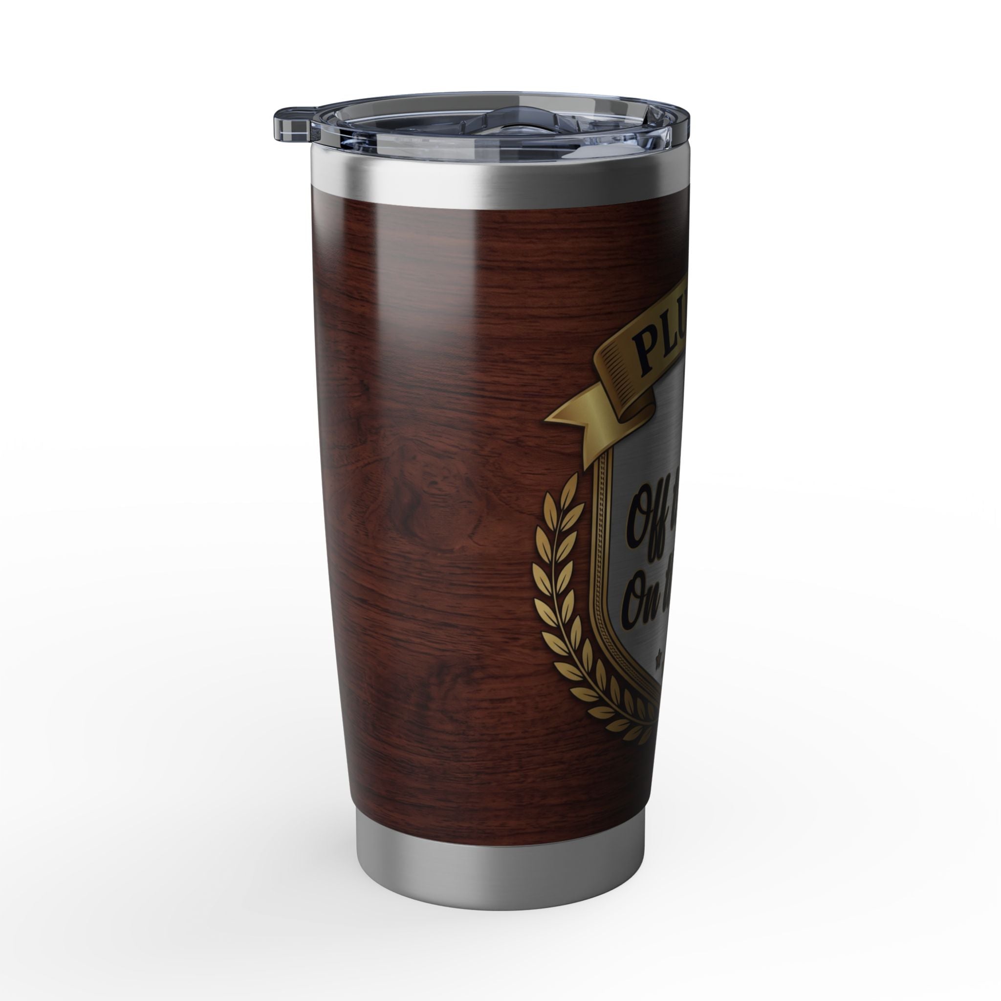 Off Duty Plumber Tumbler – "Off The Clock, On The Rocks" Wood Grain Crest 20 oz