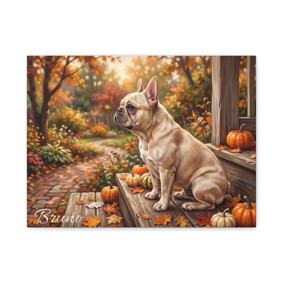French Bulldog Personalized Canvas | Cream Frenchie Autumn Porch Pumpkin Wall Art