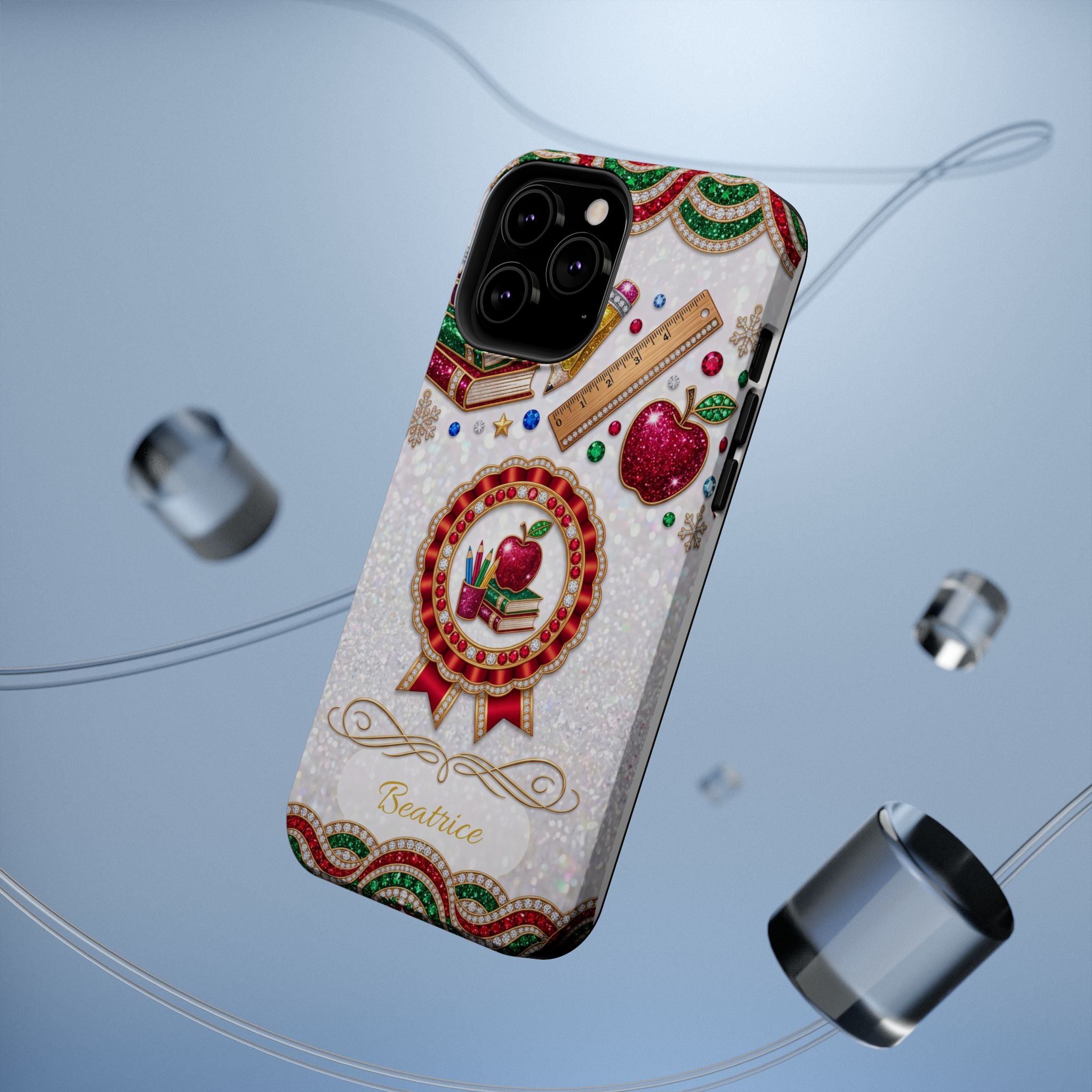 Jeweled Apple Medallion Personalized Teacher Phone Case — Wireless Charging Cover