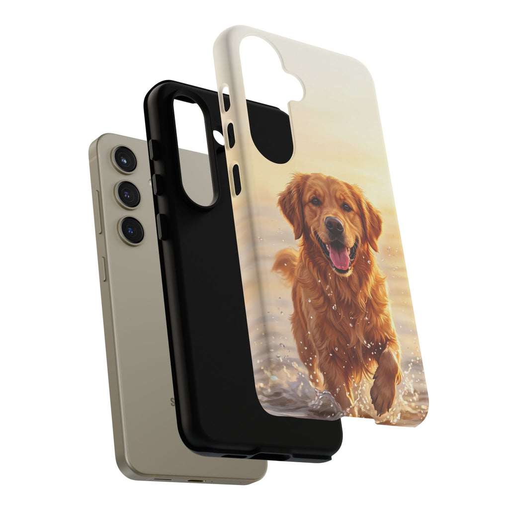 Golden Retriever Splashing in Water Phone Case | Joyful Dog at Golden Hour | iPhone & Samsung