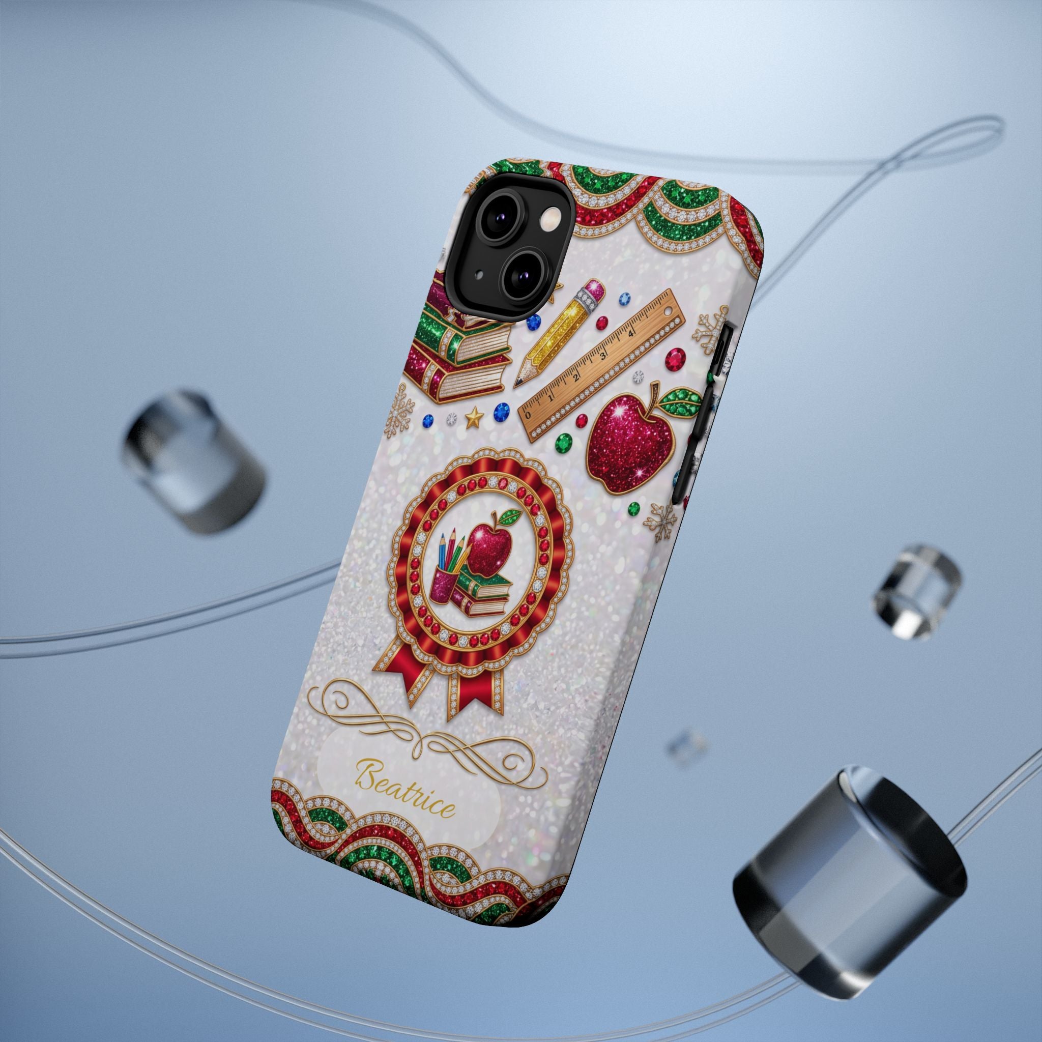 Jeweled Apple Medallion Personalized Teacher Phone Case — Wireless Charging Cover