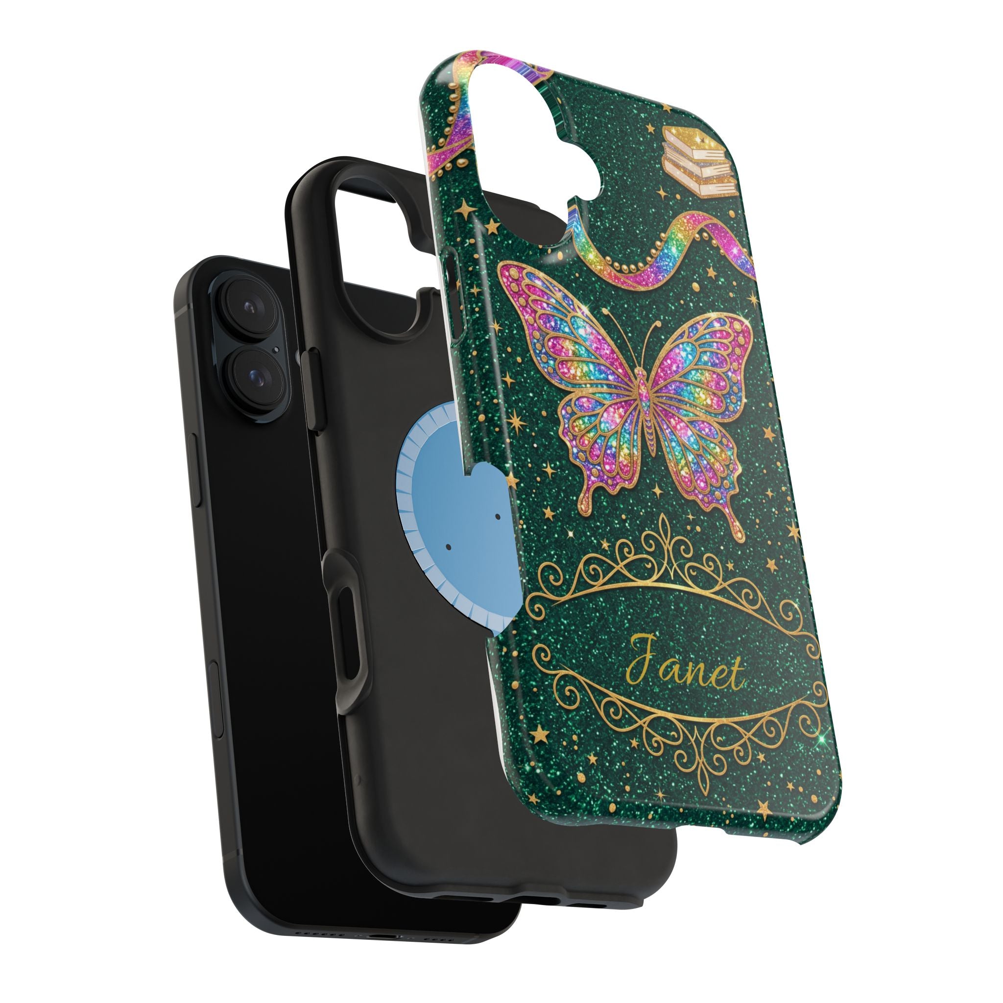 Rainbow Glitter Butterfly Personalized Teacher Phone Case — Wireless Charging Cover