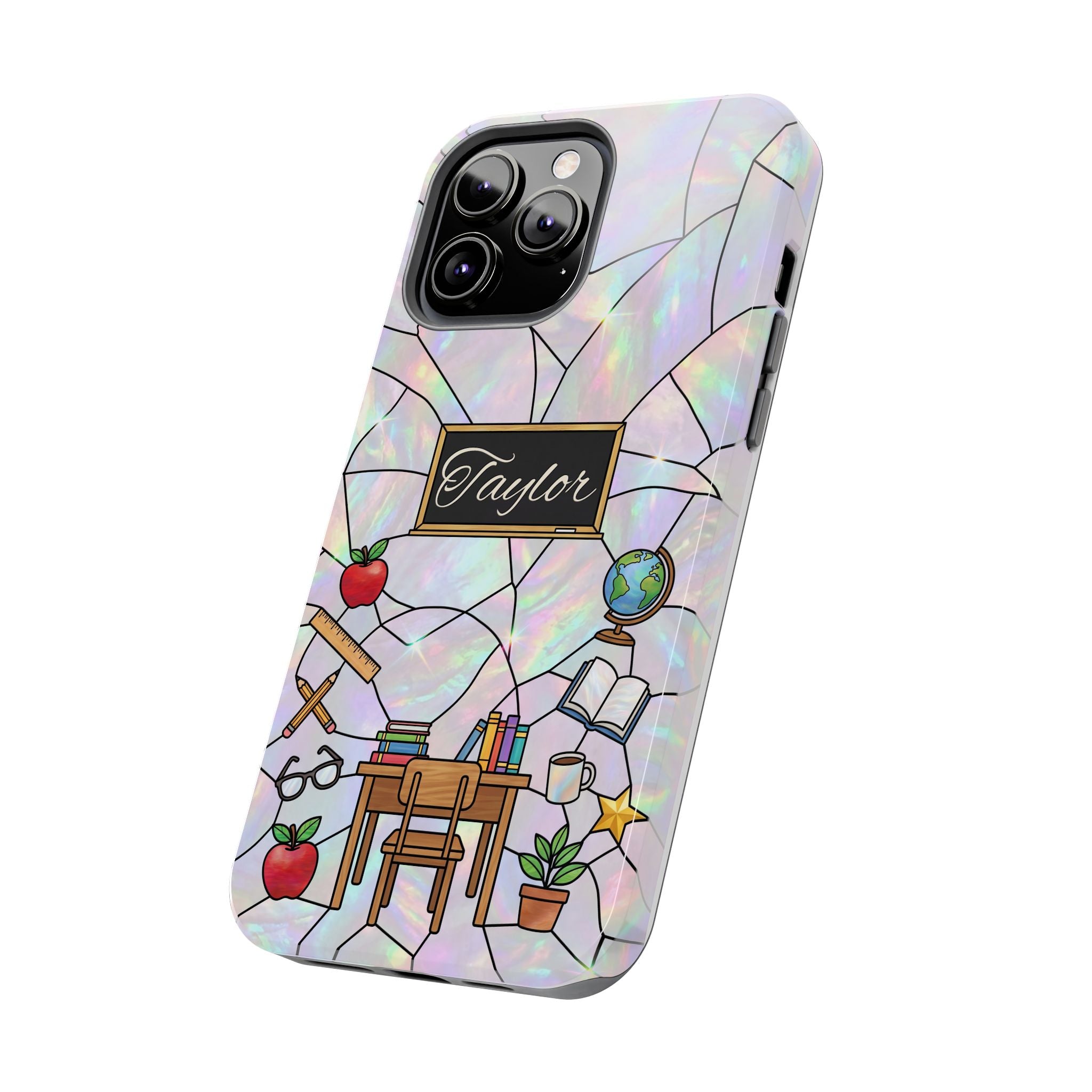 Personalized Teacher Phone Case — Custom Name Stained Glass Classroom Design