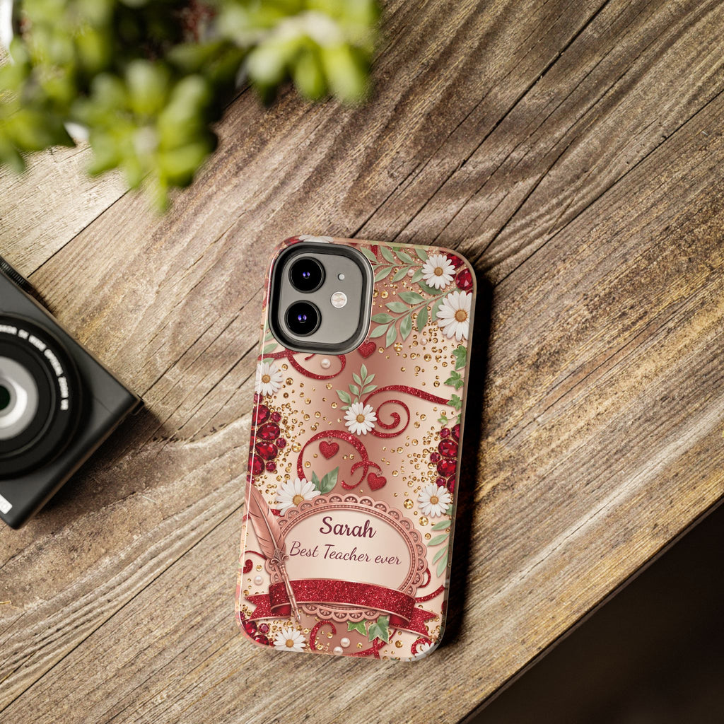Personalized Teacher Phone Case — Custom Name and Message - Floral Jeweled Design