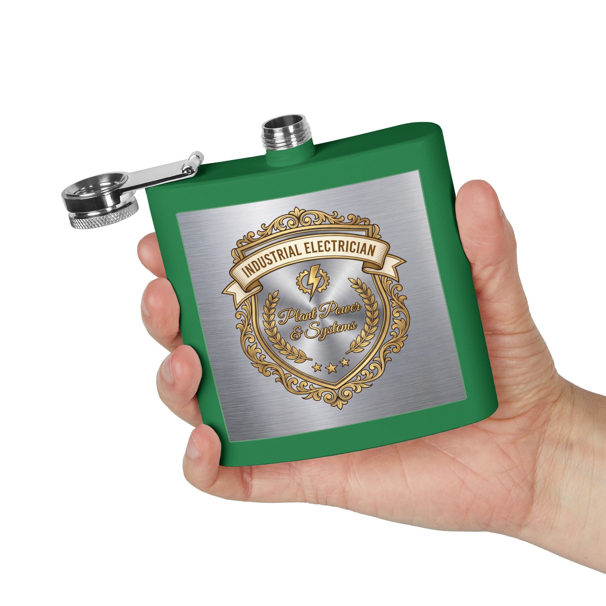 Flask — "Industrial Electrician: Plant Power & Systems" (Crest Edition) 6oz Stainless Steel Hip Flask