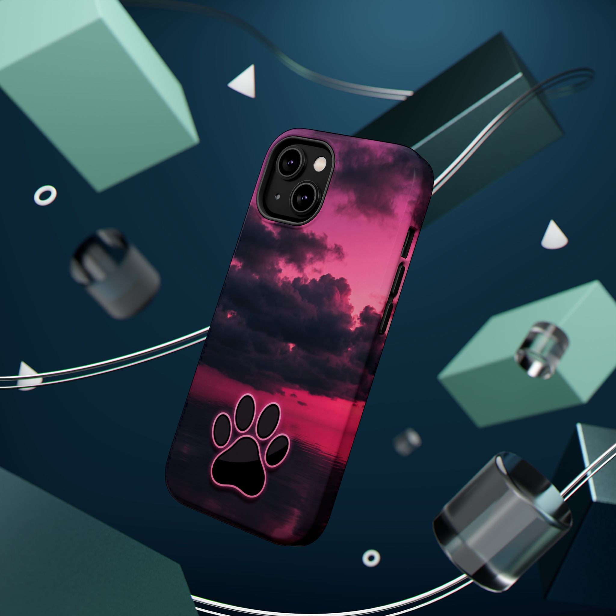 iPhone & Samsung Magnetic Impact-Resistant Phone Case — Pink Twilight Cloud with Paw Print