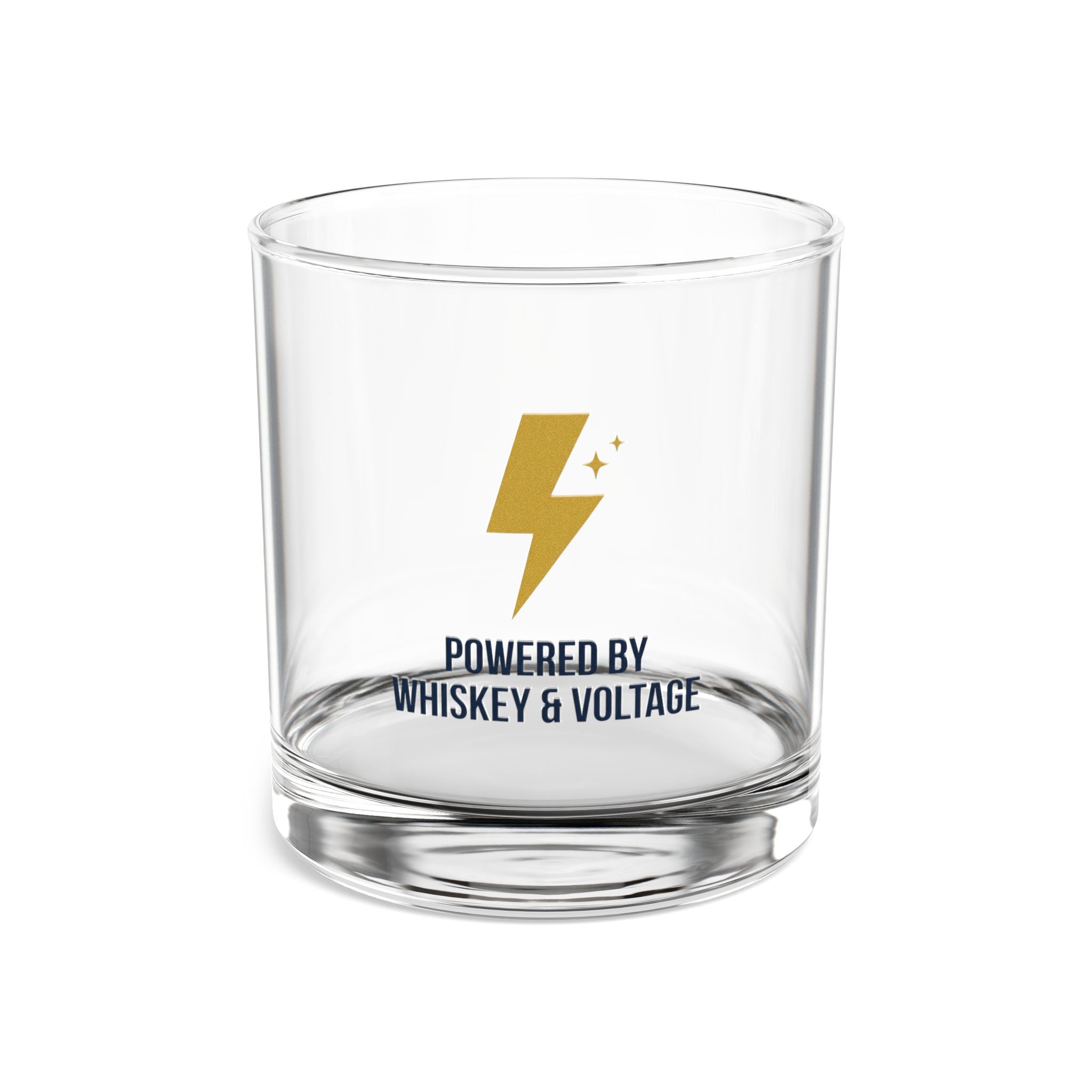 Powered By Whiskey & Voltage Rocks Glass 10oz — Gold Lightning Bolt Electrician Glass