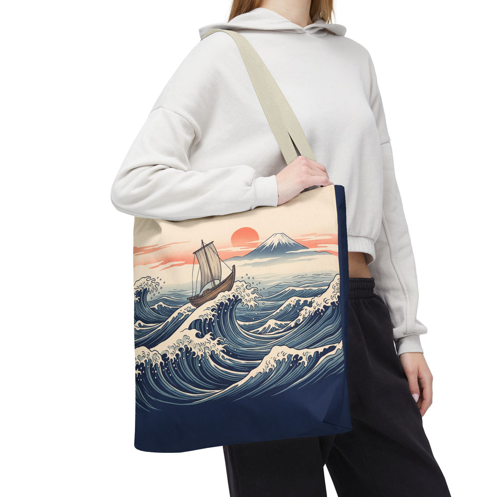 Japanese Wave Sailboat Tote Bag – Woodblock Style Ocean Beach Bag