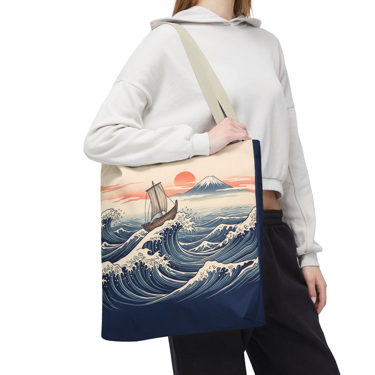 Japanese Wave Sailboat Tote Bag – Woodblock Style Ocean Beach Bag
