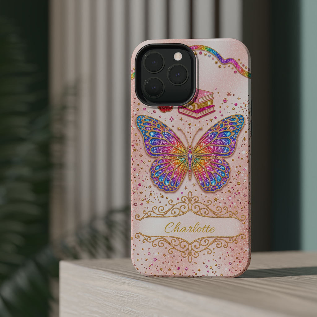 Blush Glitter Butterfly Personalized Teacher Phone Case — Wireless Charging Cover