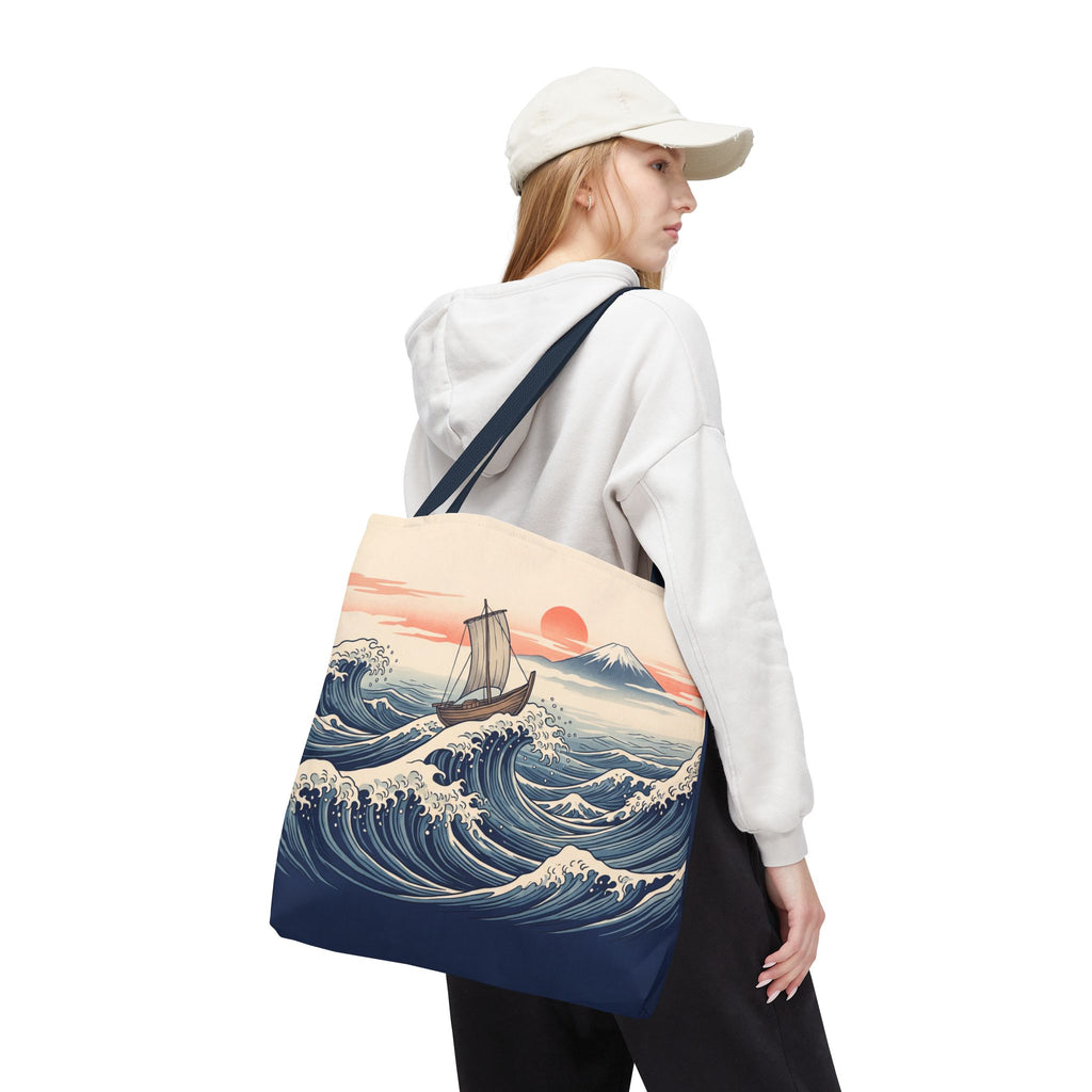 Japanese Wave Sailboat Tote Bag – Woodblock Style Ocean Beach Bag
