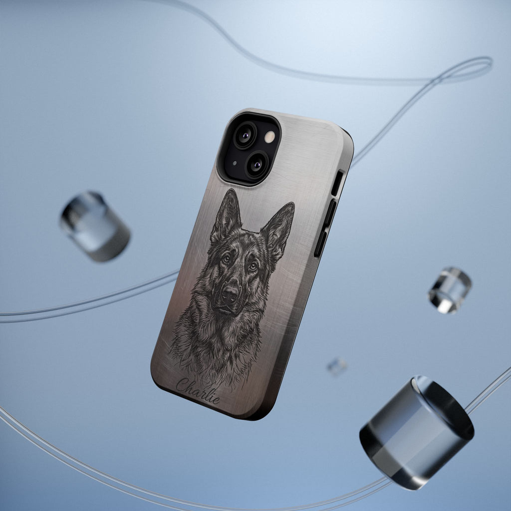 German Shepherd Phone Case | Personalized Etched Silver Art — Tough Magnetic Case with Wireless Charging