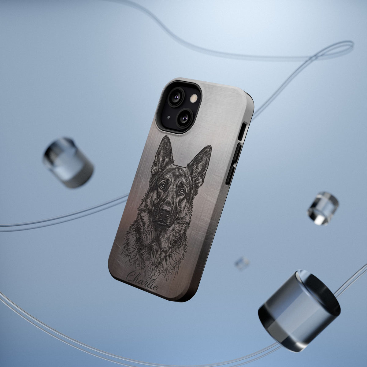 German Shepherd Phone Case | Personalized Etched Silver Art — Tough Magnetic Case with Wireless Charging