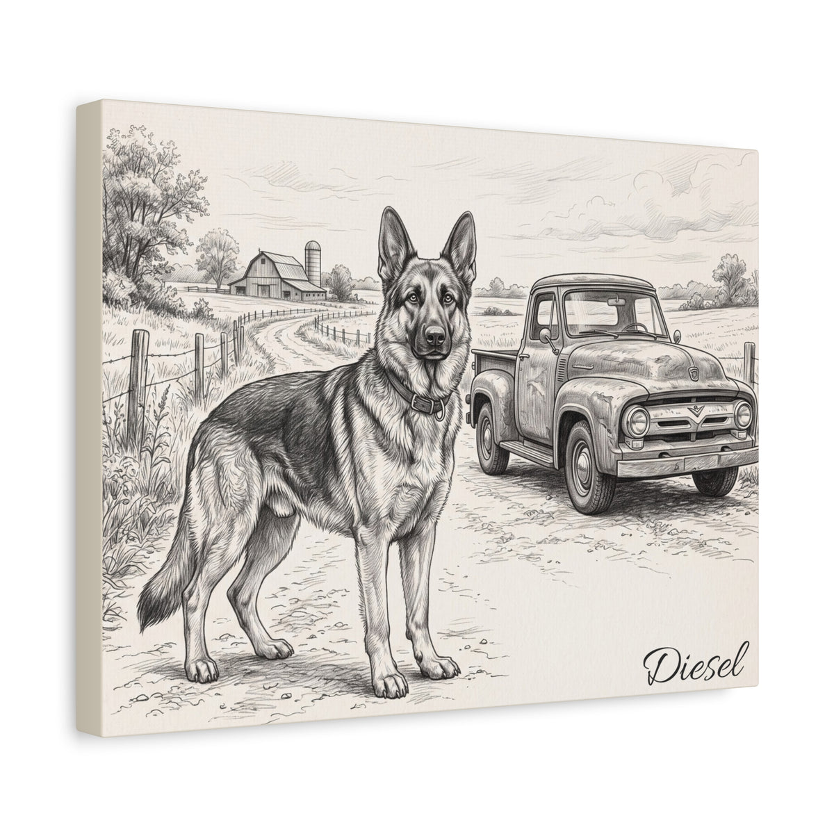 German Shepherd Personalized Canvas | Vintage Farm Truck Sketch Wall Art