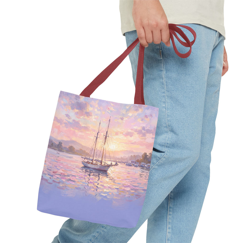 Pastel Sailboat Tote Bag – Impressionist Sunset Harbor Beach Bag