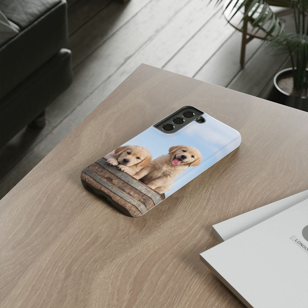 Golden Retriever Puppies on Barrel Phone Case | Cute Duo Under Blue Sky | iPhone & Samsung