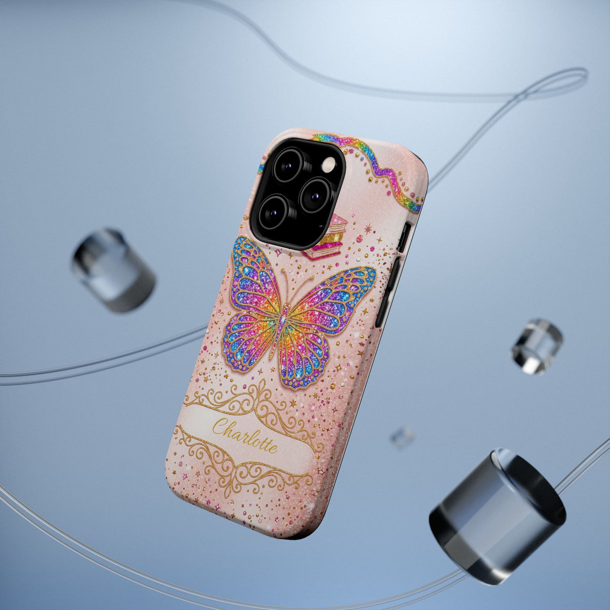 Blush Glitter Butterfly Personalized Teacher Phone Case — Wireless Charging Cover