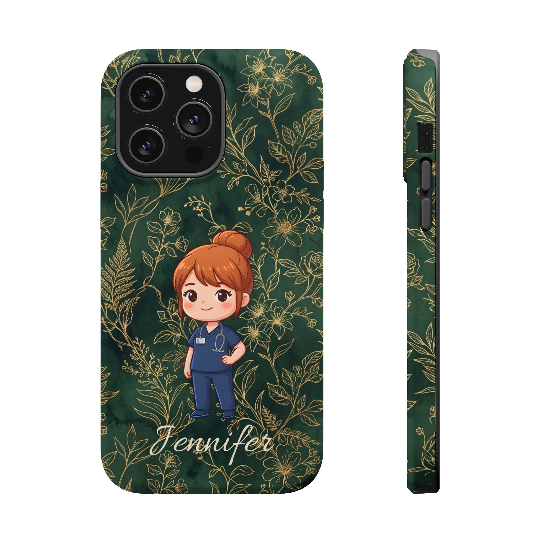Personalized Nurse Botanical Phone Case — Impact-Resistant Wireless Charging Cover