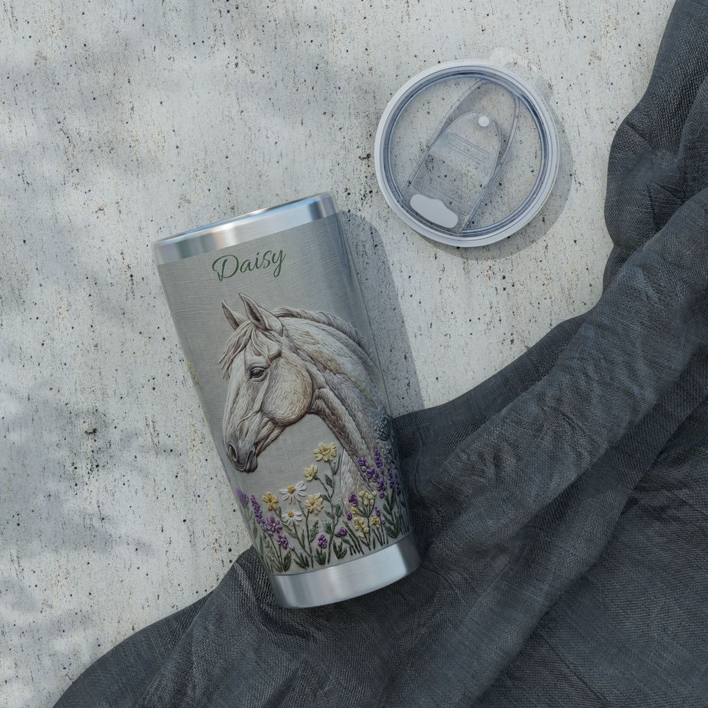 Horse Personalized Tumbler | Floral Embroidery Art — 20 oz Stainless Travel Mug