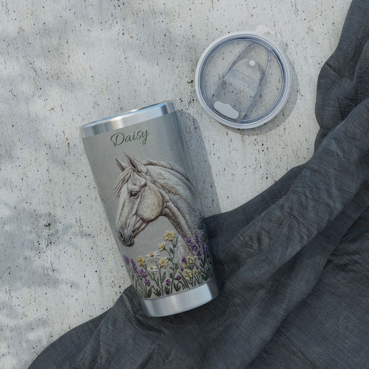 Horse Personalized Tumbler | Floral Embroidery Art — 20 oz Stainless Travel Mug