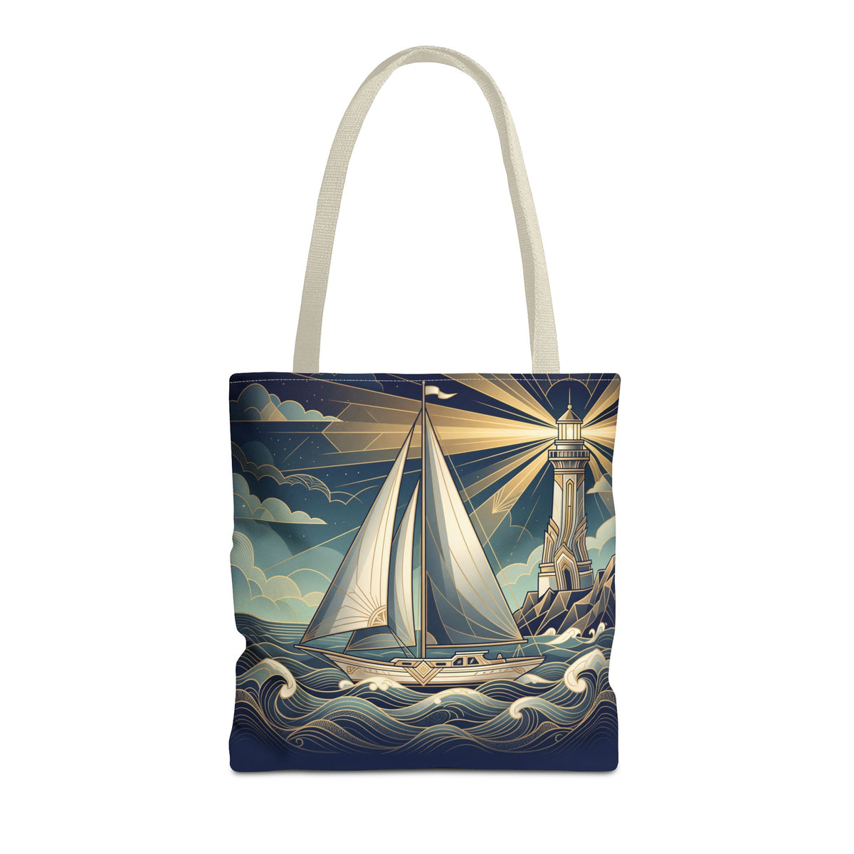 Lighthouse Sailboat Tote Bag – Nautical Art Deco Ocean Waves Beach Bag