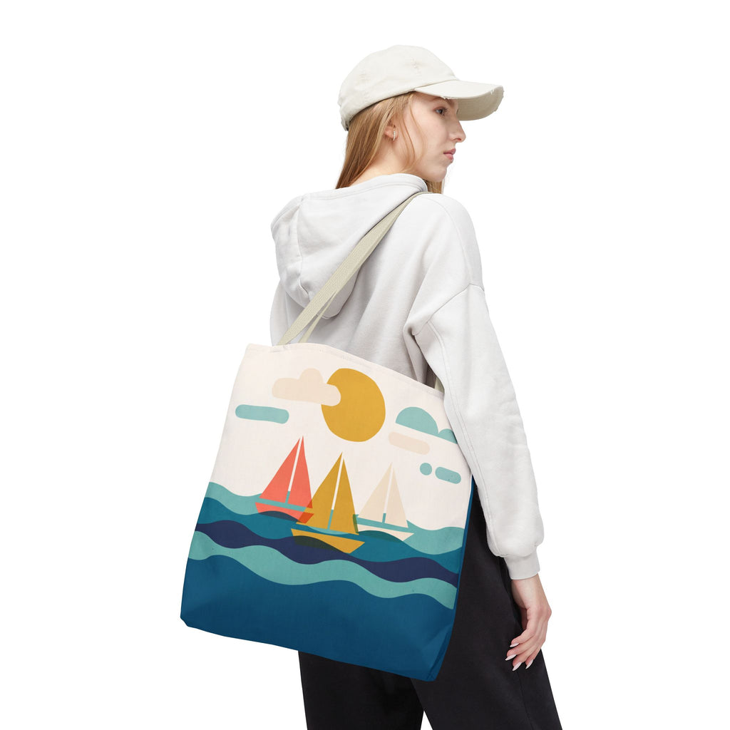 Minimalist Sailboat Tote Bag – Mid-Century Modern Ocean Waves Beach Bag