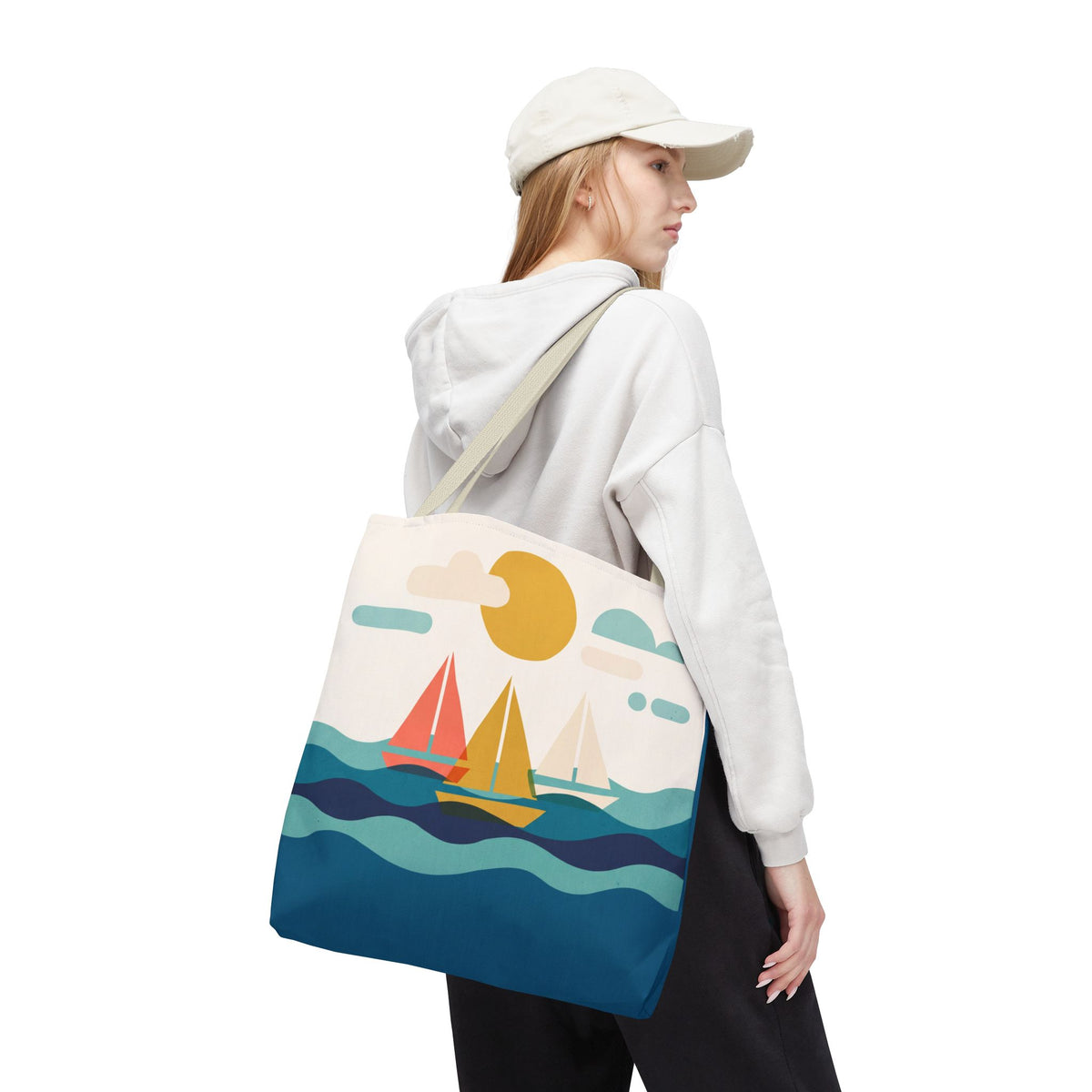Minimalist Sailboat Tote Bag – Mid-Century Modern Ocean Waves Beach Bag
