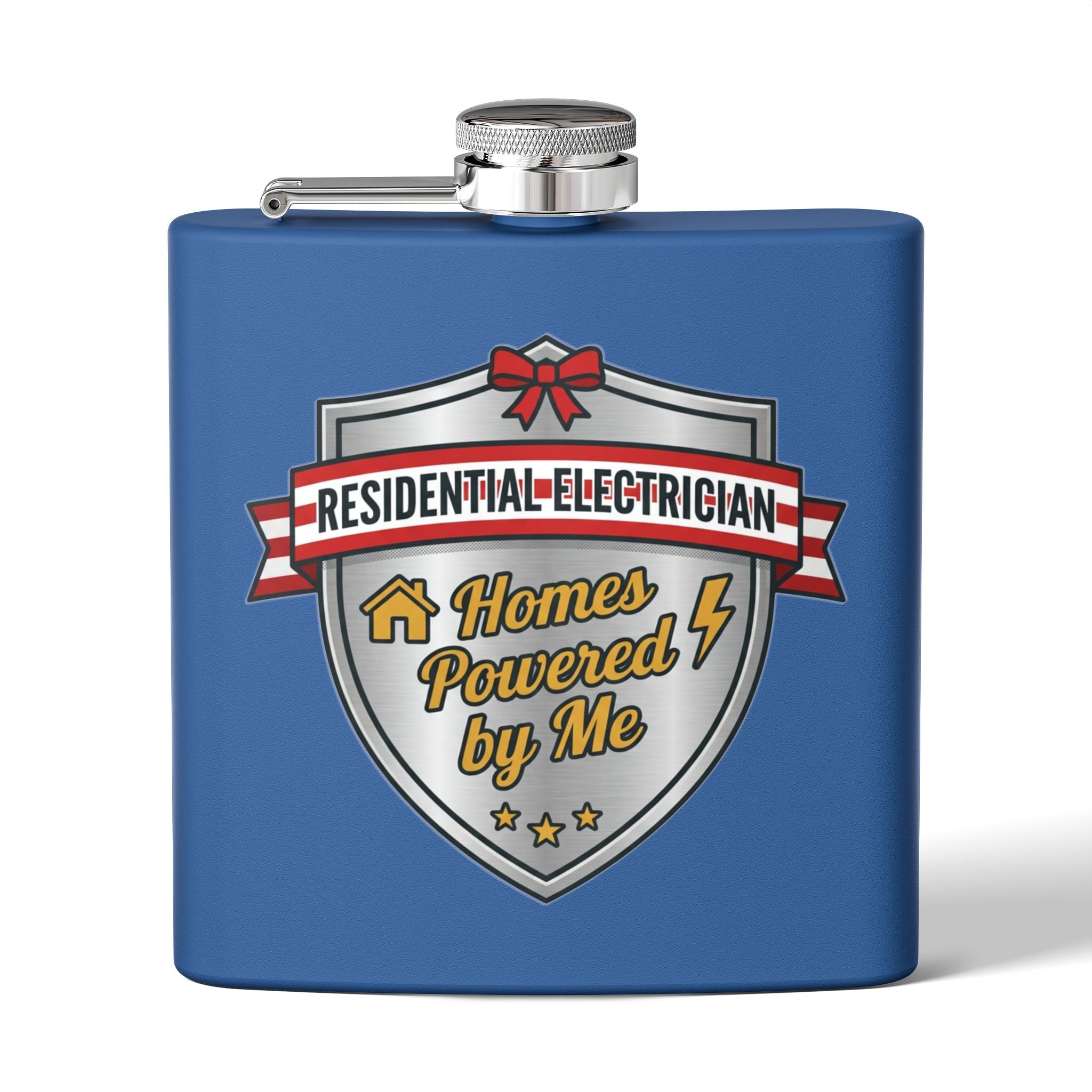 Flask — "Residential Electrician: Homes Powered by Me" (Shield Badge) 6oz Stainless Steel Hip Flask