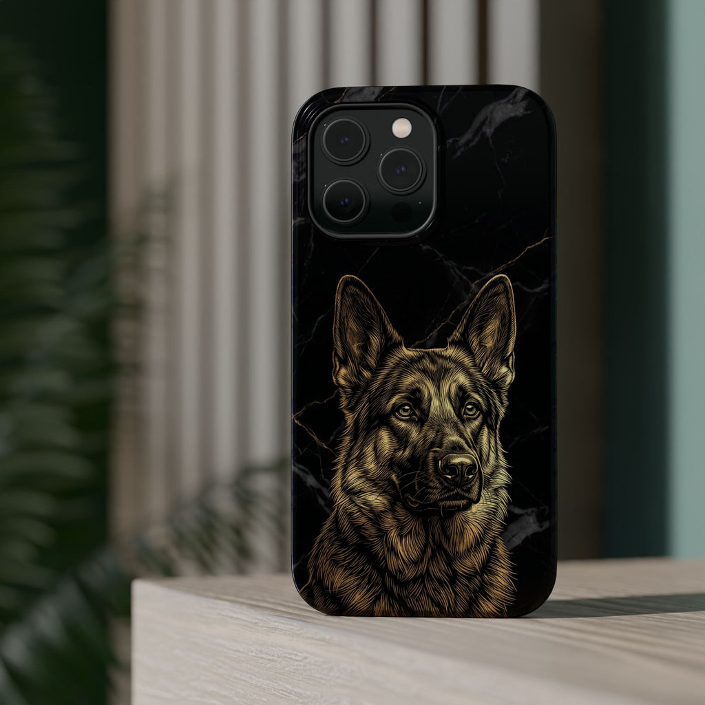 German Shepherd Phone Case | Black Marble Gold Sketch Art — Tough Magnetic Case with Wireless Charging