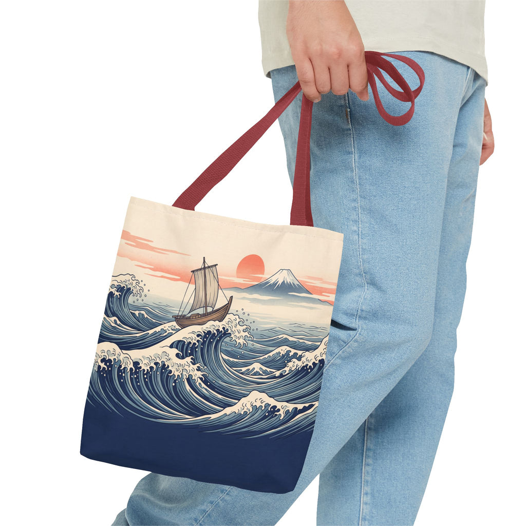 Japanese Wave Sailboat Tote Bag – Woodblock Style Ocean Beach Bag
