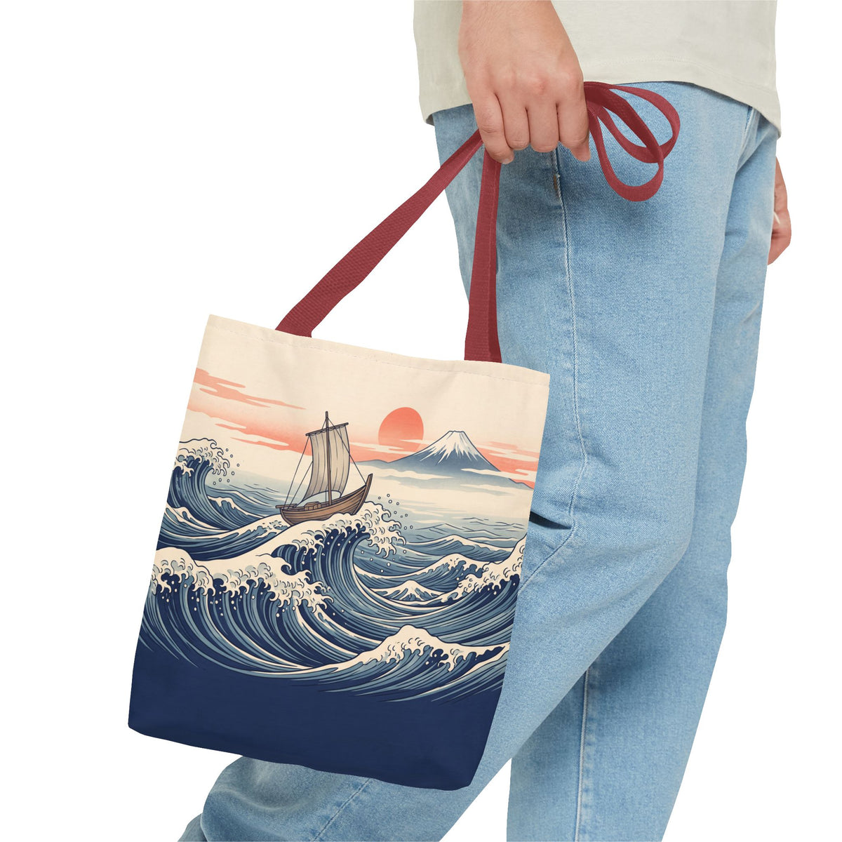 Japanese Wave Sailboat Tote Bag – Woodblock Style Ocean Beach Bag