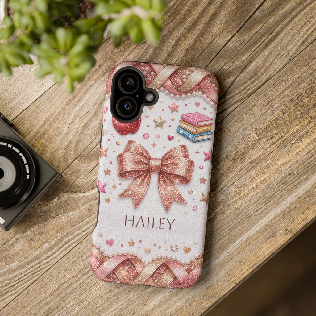 Rose Gold Glitter Bow Personalized Teacher Phone Case — Wireless Charging Cover
