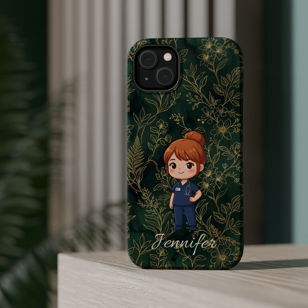 Personalized Nurse Botanical Phone Case — Impact-Resistant Wireless Charging Cover