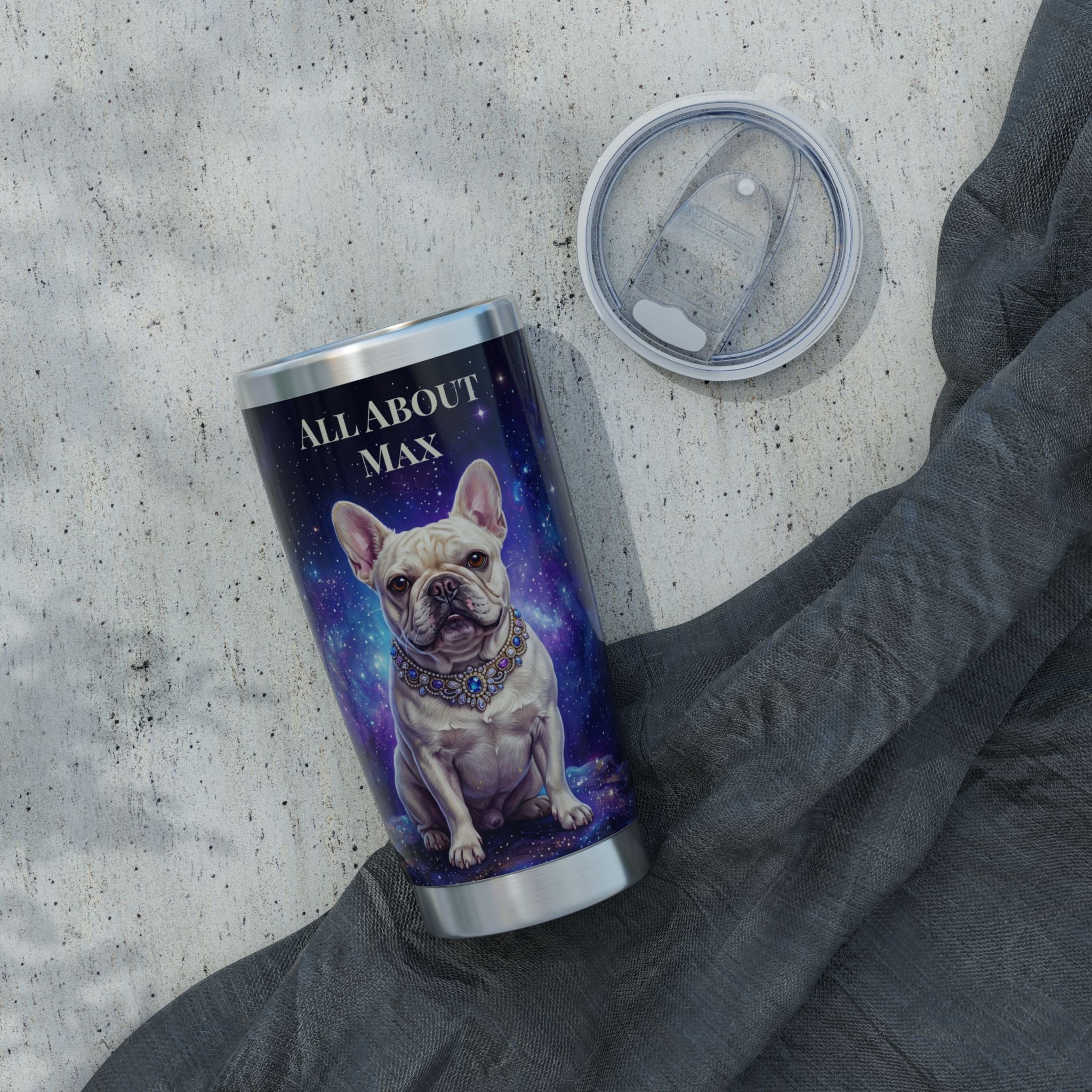 Personalized Frenchie Tumbler – Purple Galaxy Travel Mug, Custom Name Gift for Dog Lover