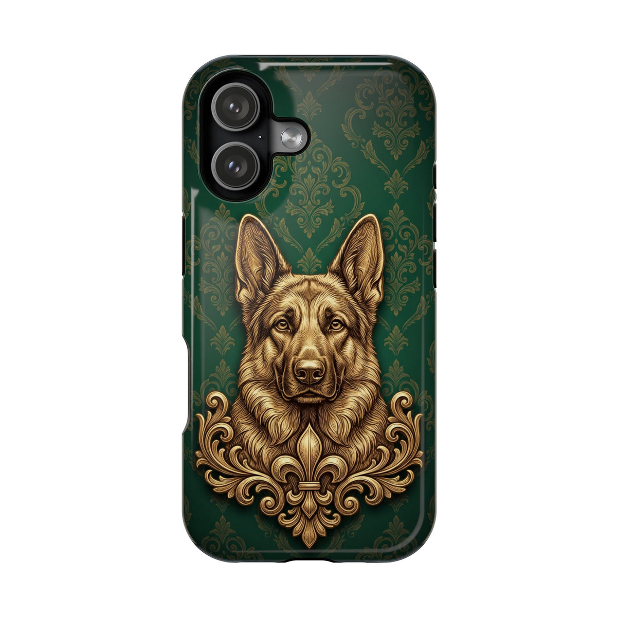 German Shepherd Phone Case | Emerald Baroque Gold Art — Tough Magnetic Case with Wireless Charging