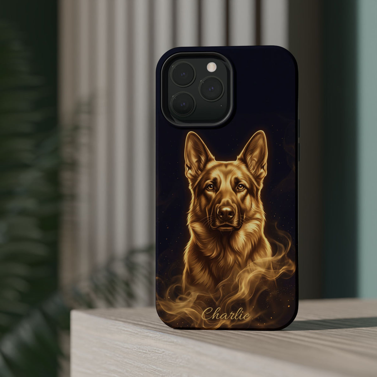 German Shepherd Phone Case | Personalized Gold Glow Art — Tough Magnetic Case with Wireless Charging