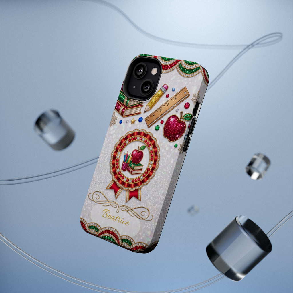 Jeweled Apple Medallion Personalized Teacher Phone Case — Wireless Charging Cover