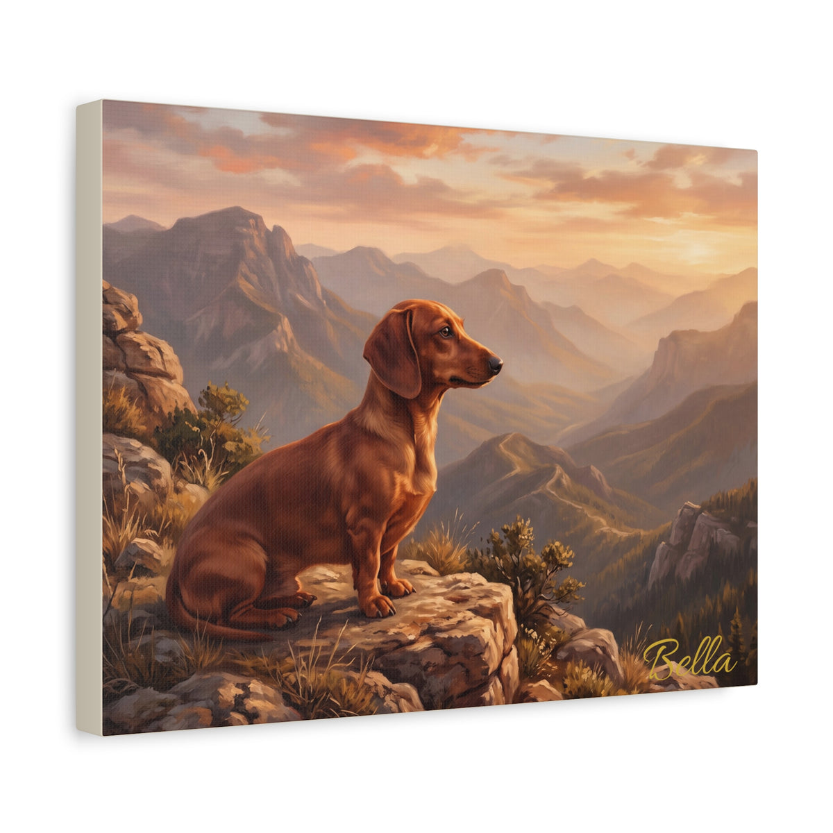 Personalized Dachshund Canvas — Mountain Sunset Scene