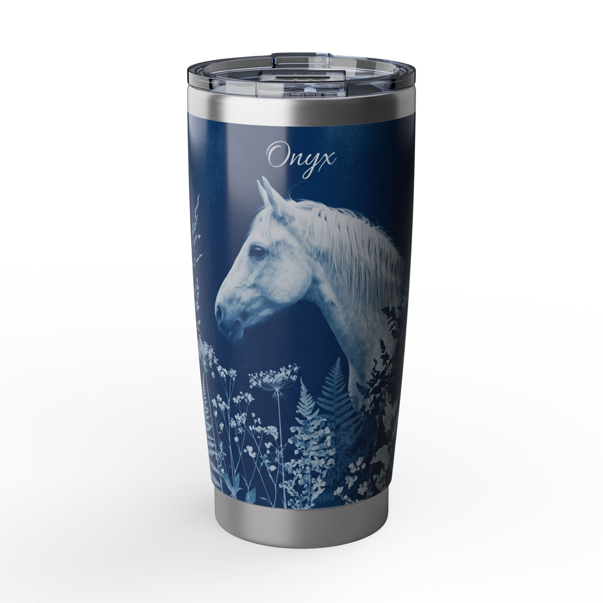 Horse Personalized Tumbler | Cyanotype Botanical Art — 20 oz Stainless Travel Mug