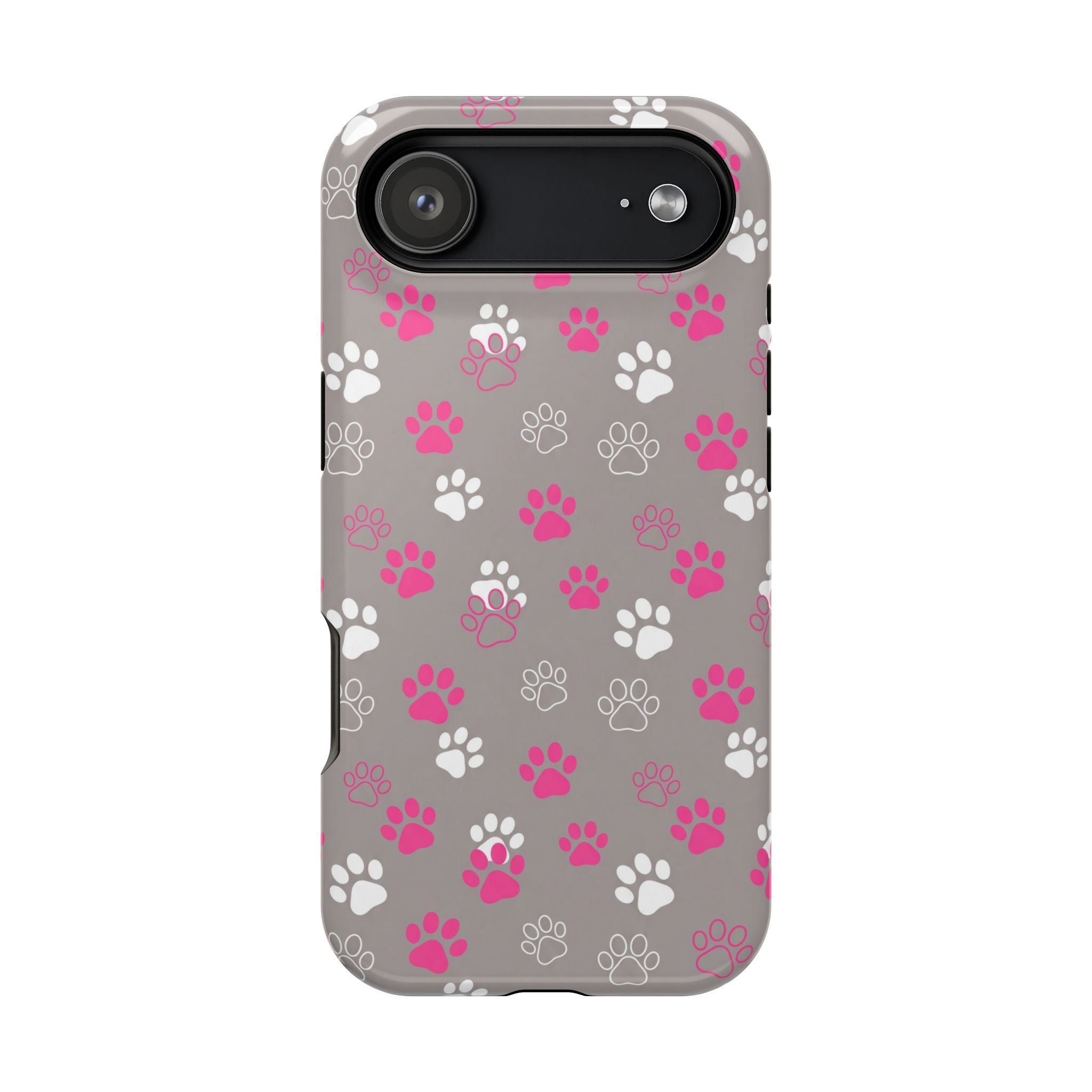 Pink & White Paw Print Phone Case — Impact-Resistant Wireless Charging Cover