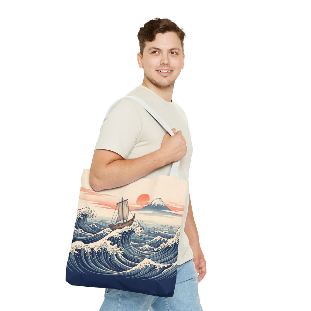Japanese Wave Sailboat Tote Bag – Woodblock Style Ocean Beach Bag