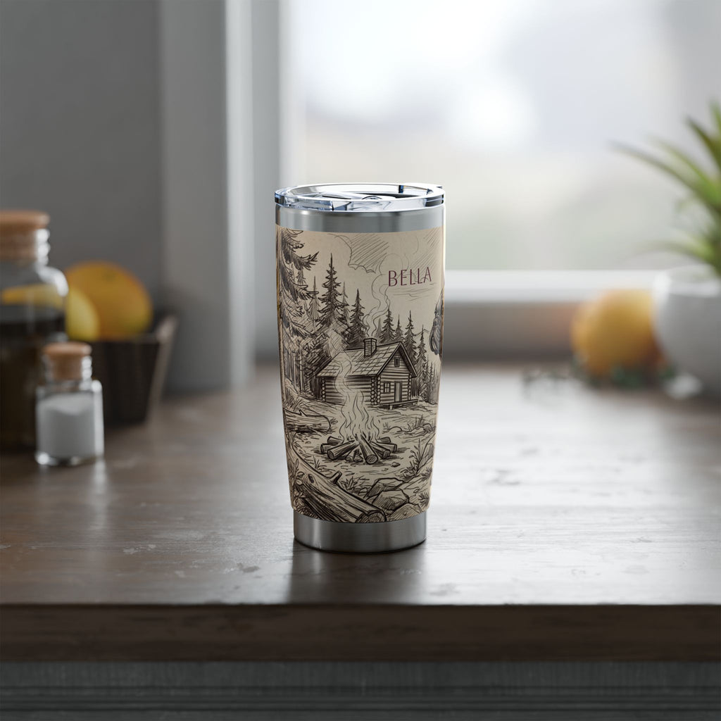 Frenchie Adventure Stainless Tumbler — 20 oz Personalized Travel Mug with Mountain Campfire Design