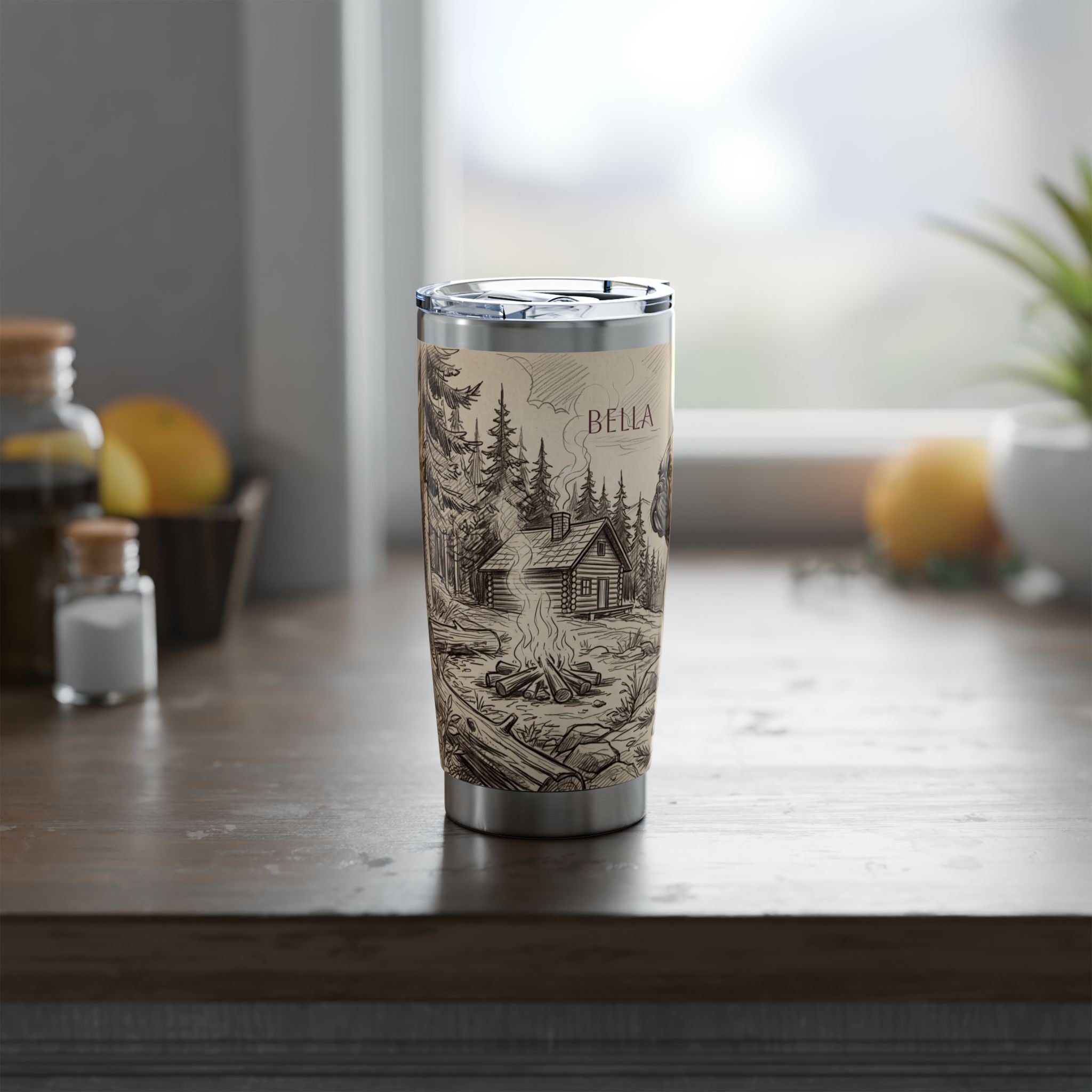 Frenchie Adventure Stainless Tumbler — 20 oz Personalized Travel Mug with Mountain Campfire Design