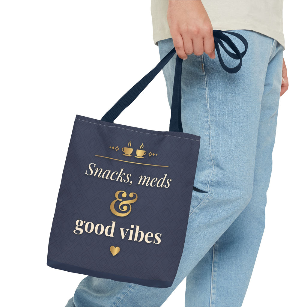 Snacks Meds & Good Vibes Tote | Funny Nurse Gift Tote Bag | Healthcare Worker Humour Gift | Premium Polyester Carry-All