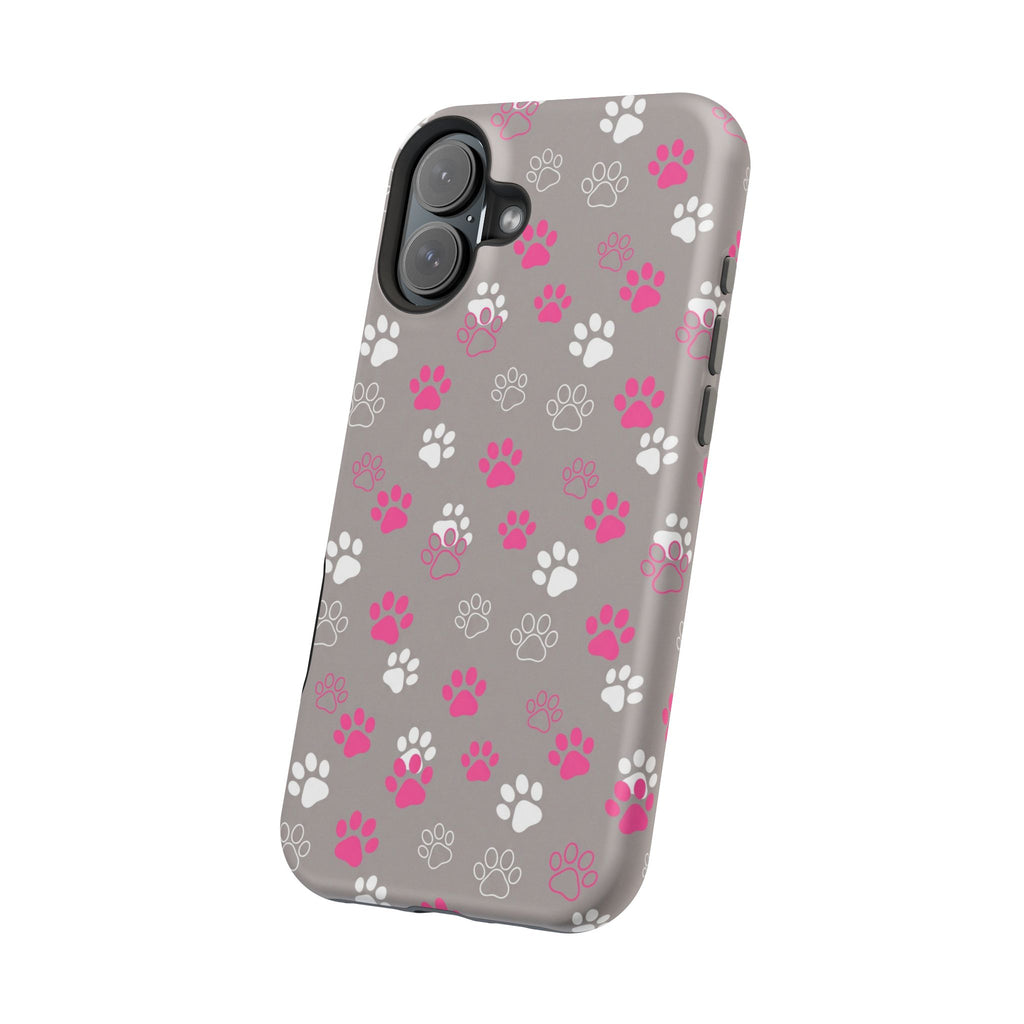 Pink & White Paw Print Phone Case — Impact-Resistant Wireless Charging Cover