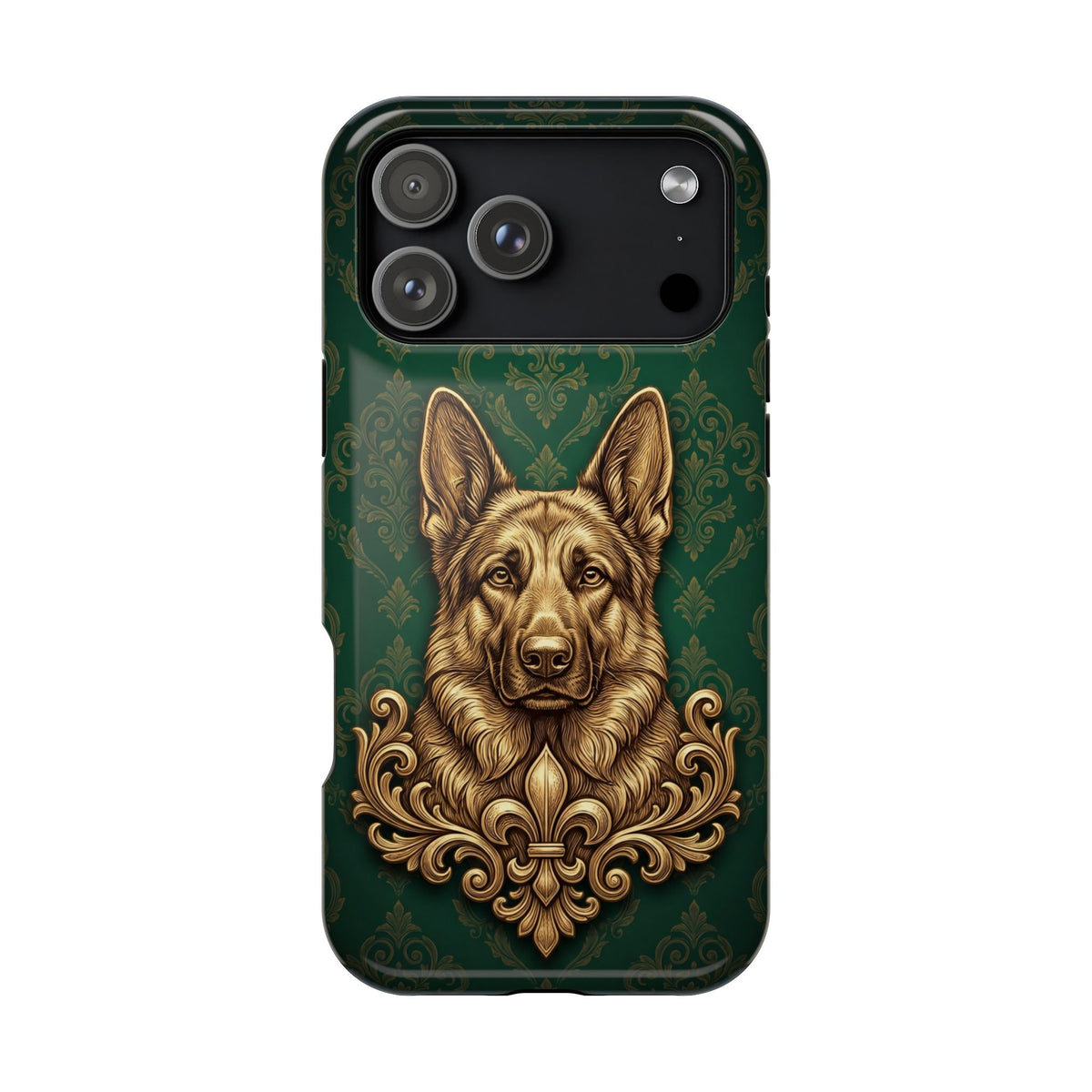 German Shepherd Phone Case | Emerald Baroque Gold Art — Tough Magnetic Case with Wireless Charging