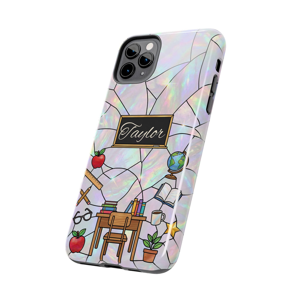 Personalized Teacher Phone Case — Custom Name Stained Glass Classroom Design