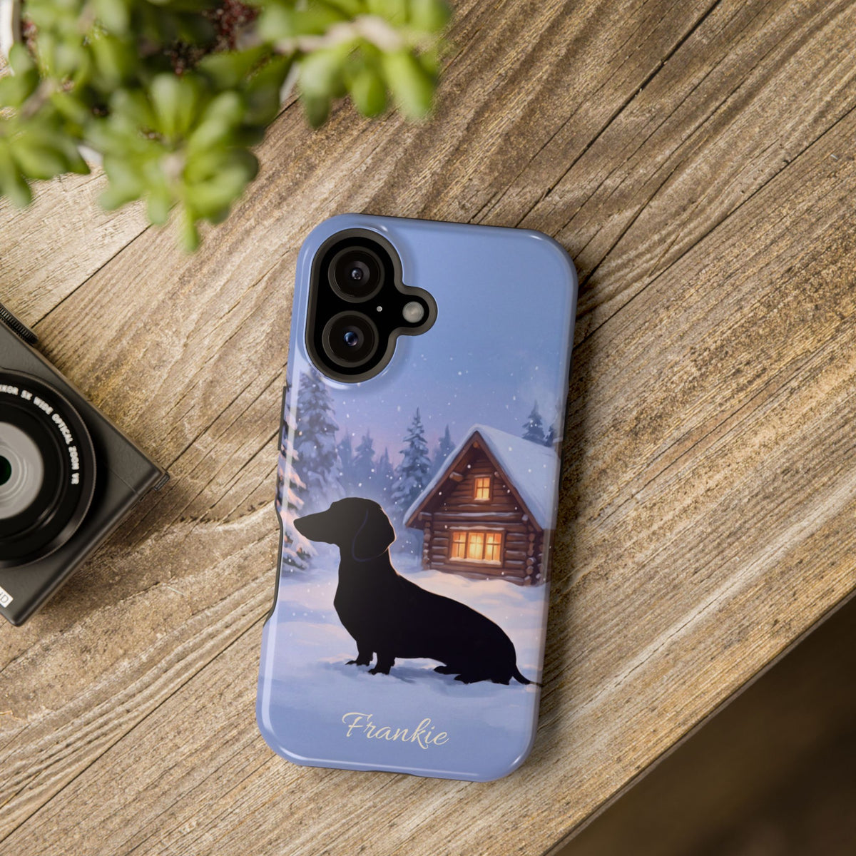 Personalized Dachshund Winter Cabin Phone Case — Wireless Charging Cover